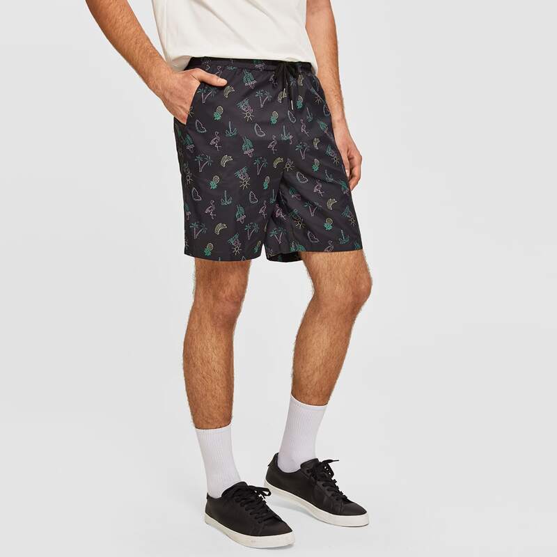 

Guys Drawstring Waist Slant Pocket Tropical Track Shorts, Black