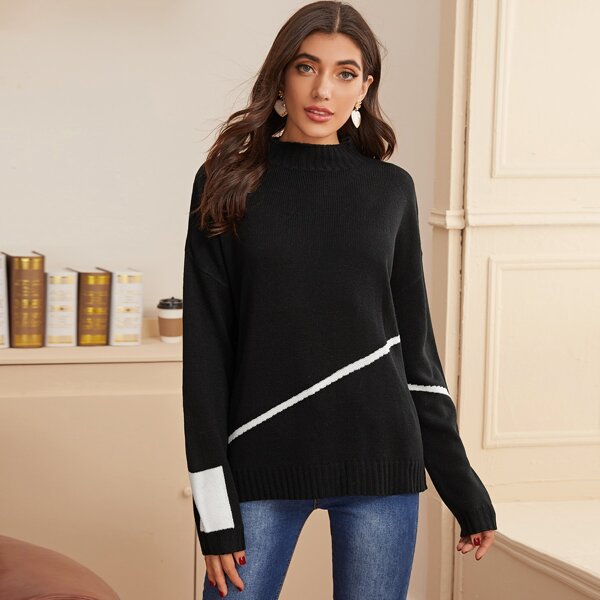 

Drop Shoulder Two Tone Sweater, Black