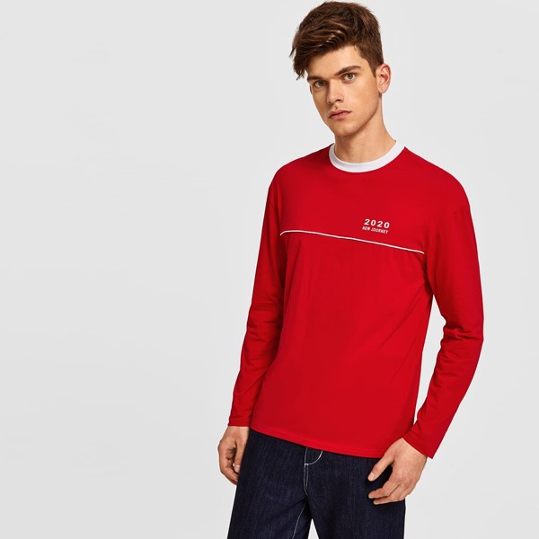 

Men Letter Graphic Contrast Binding Tee, Red