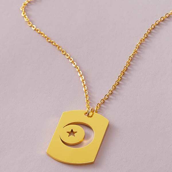 

1pc Hollow Star & Moon Charm Necklace, Gold
