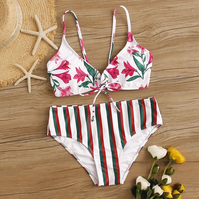 

Lace-up Floral Top With Striped Bikini Set, Multicolor