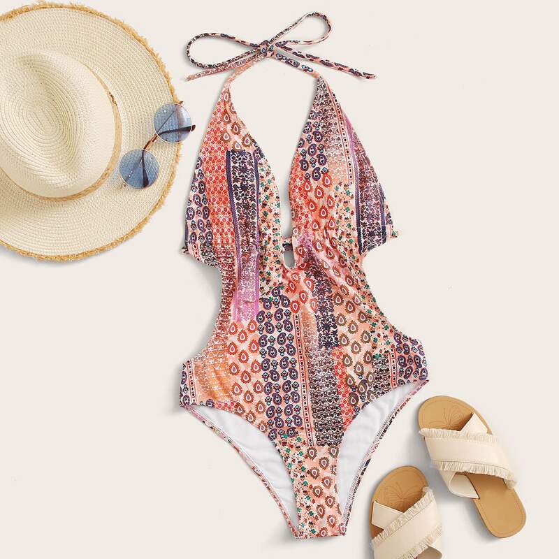 

Paisley Print Backless One Piece Swimwear, Multicolor