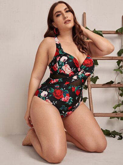 Plus Floral Print Contrast Mesh One Piece Swimwear