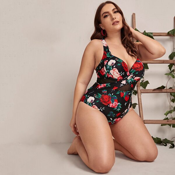 

Plus Floral Print Contrast Mesh One Piece Swimwear, Multicolor