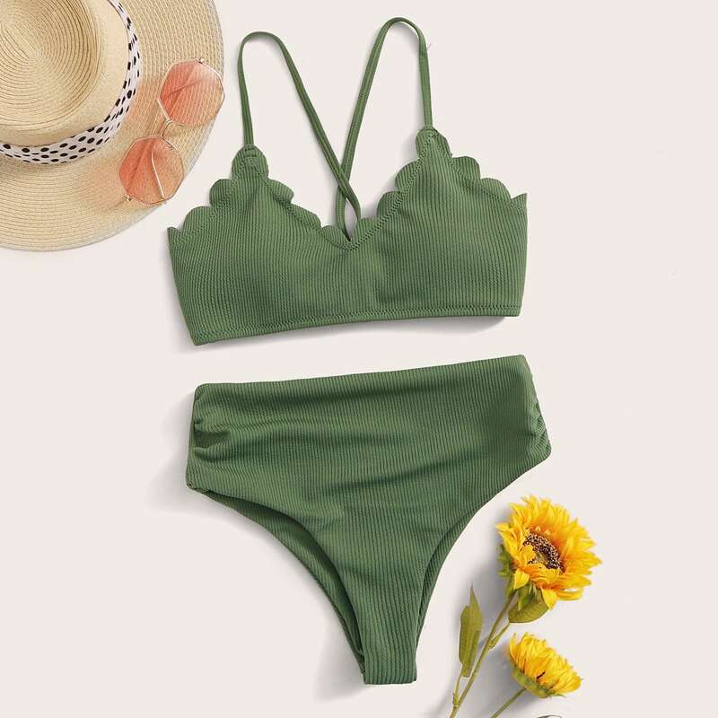 

Scallop Trim Top With High Waist Bikini Set, Green