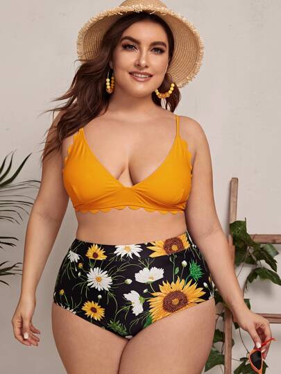 Plus Scallop Trim Top With Floral Print High Waist Bikini