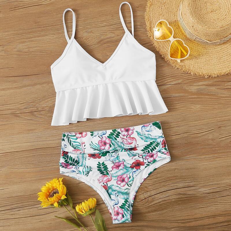

Ruffle Hem Top With Floral High Waist Bikini Set, Multicolor