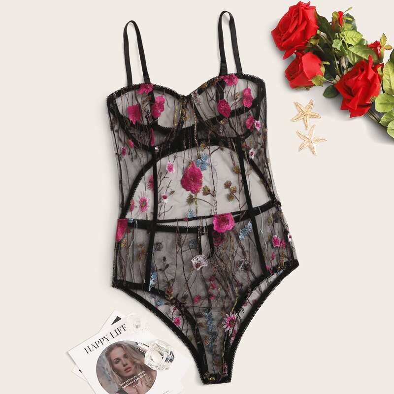 

Floral Embroidery Mesh Sheer Underwire Teddy Bodysuit, Black