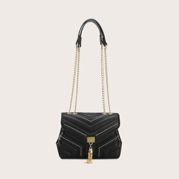 

Tassel Decor Studded Chevron Tote Bag, Black
