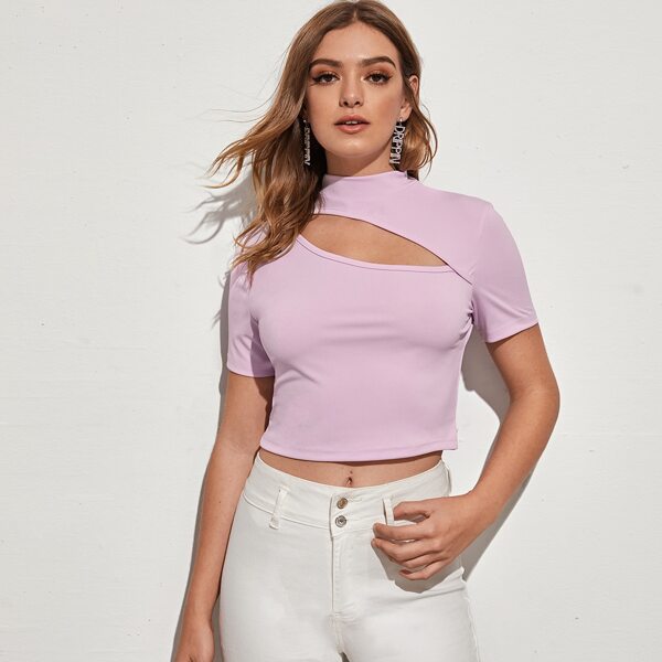 

Stand Collar Peekaboo Crop Tee, Purple pastel