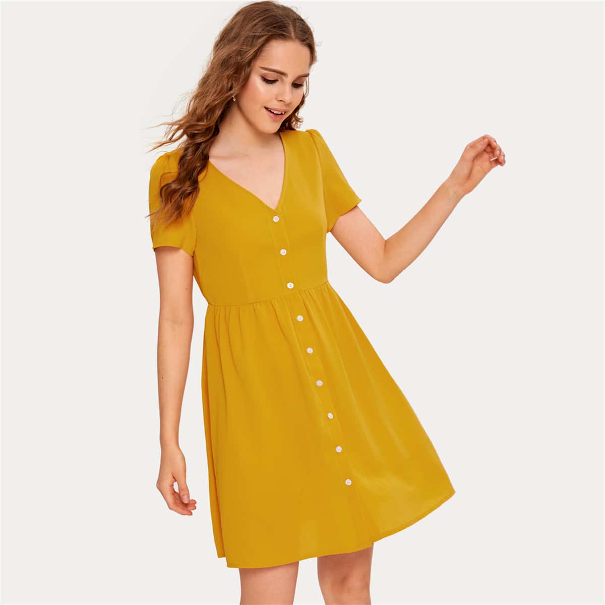 

V-neck Button Front Dress, Yellow