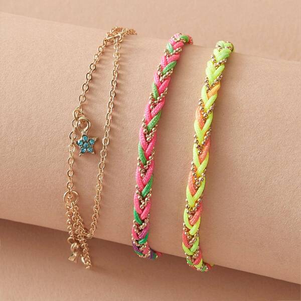 

3pcs Star Charm Chain & String Anklet, Multicolor