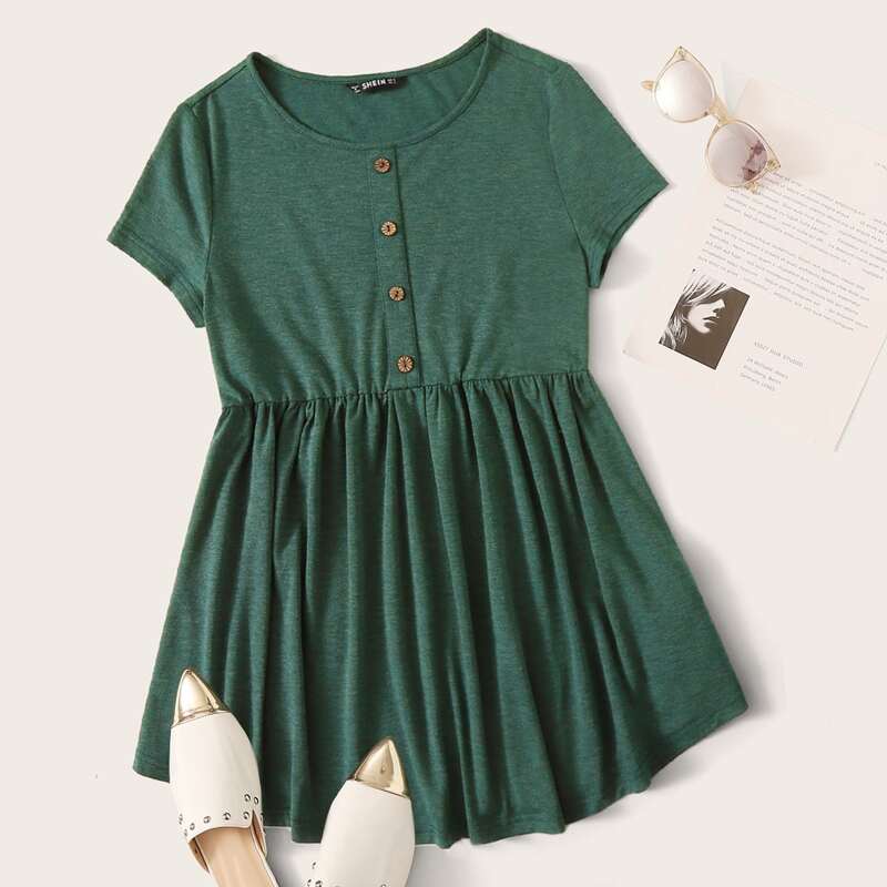 Button Front Ruffle Hem Top, Dark green