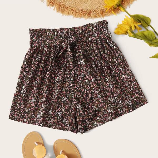 

Paperbag Waist Self Belted Ditsy Floral Shorts, Multicolor