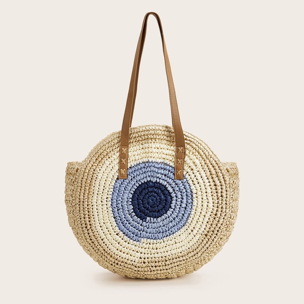 

Colorblock Woven Tote Bag, Khaki