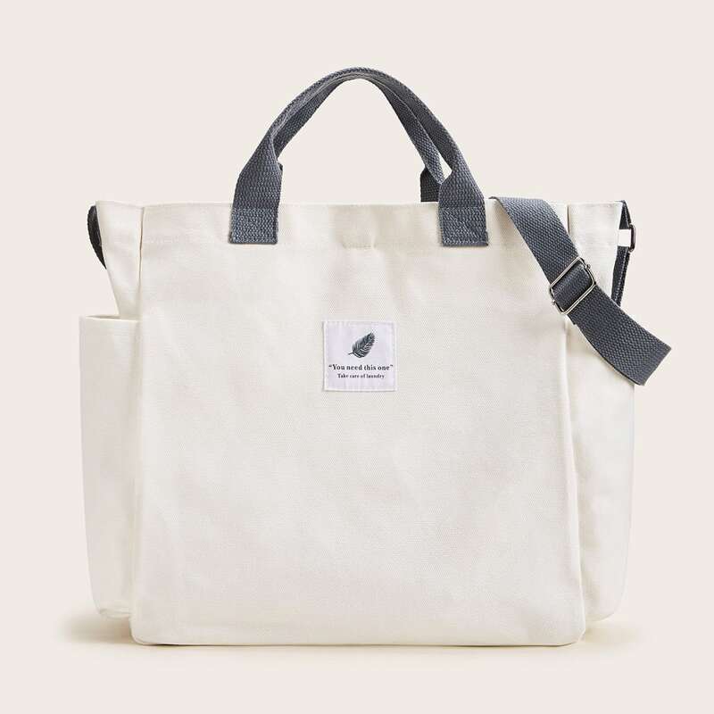 

Letter Patch Contrast Handle Bag, Beige