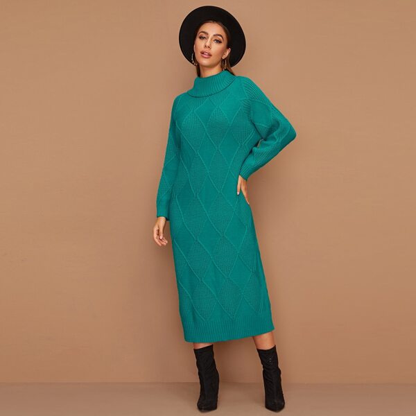 

Turtle Neck Diamond Knit Longline Sweater Dress, Green