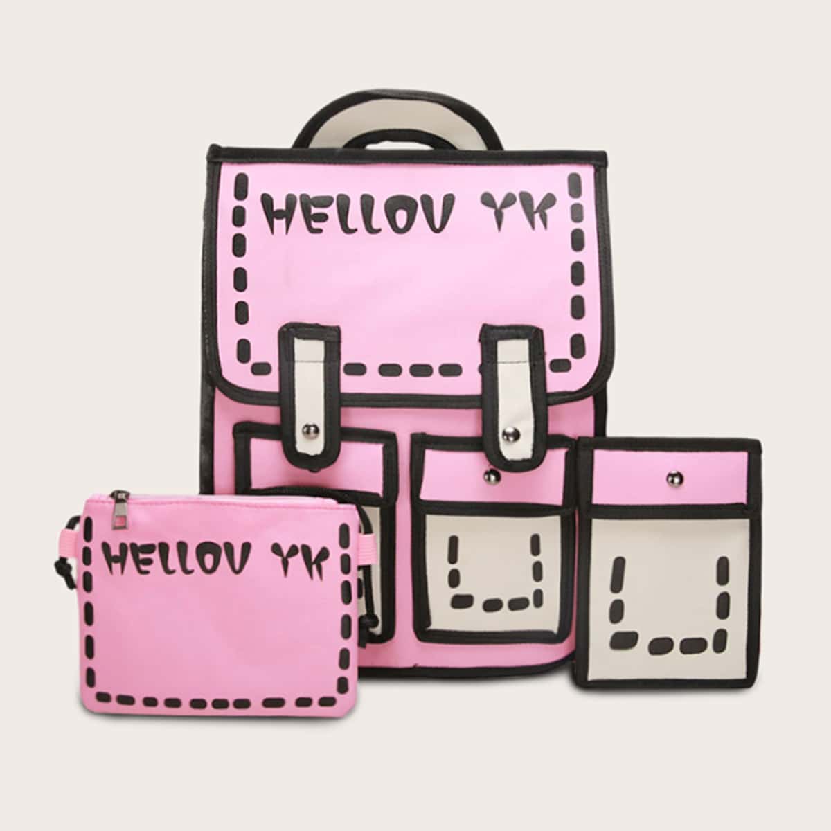 

3pcs Letter Graphic Flap Backpack With Purse, Pink