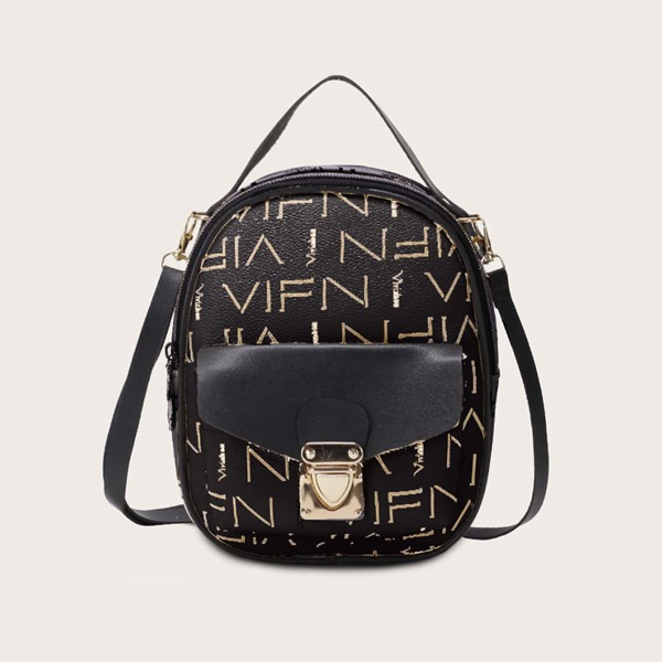 

Push Lock Letter Graphic Backpack, Black