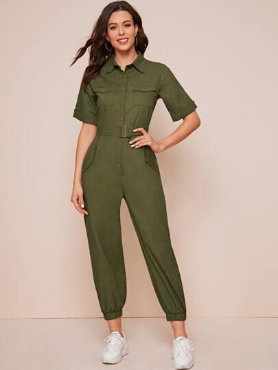 Belted Button Up Pocket Side Utility Jumpsuit