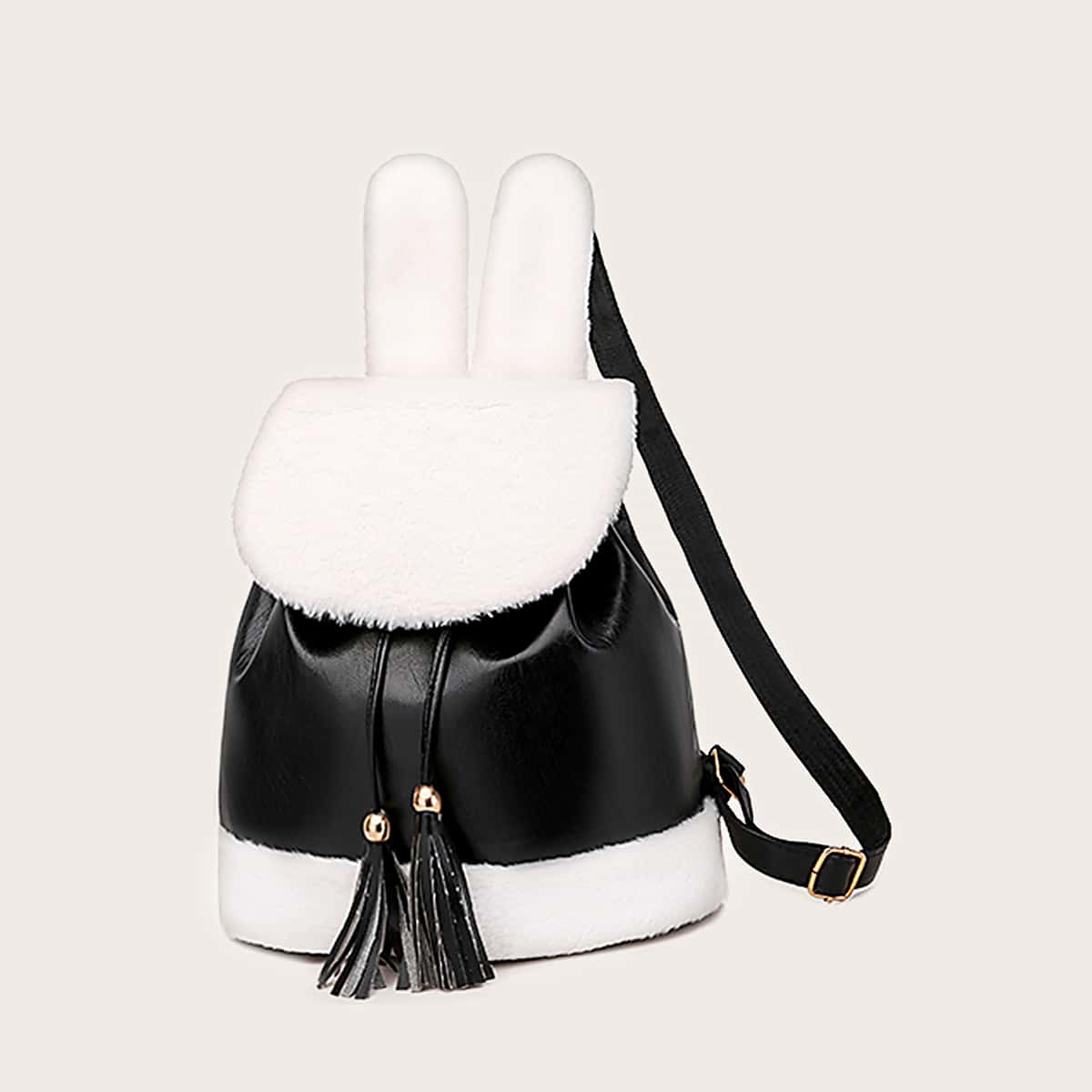 

Tassel Decor Faux Fur Flap Backpack, Black and white