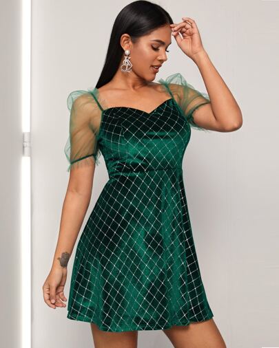Plaid Print Contrast Mesh Puff Sleeve Velvet Dress