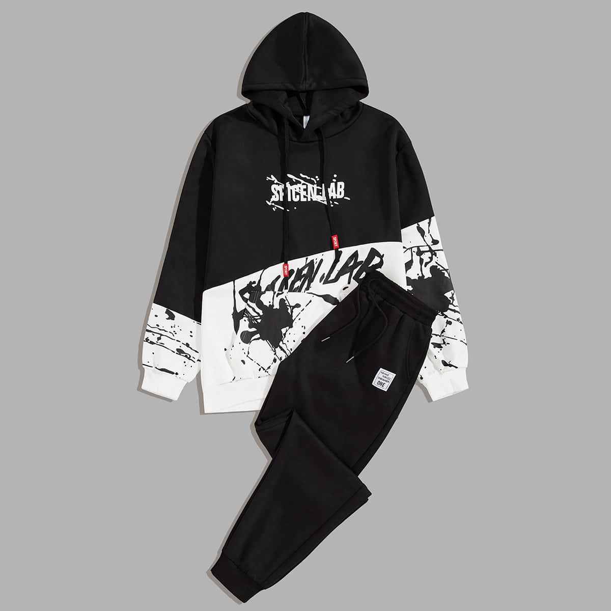 

Guys Two Tone Letter Graphic Hoodie & Sweatpants, Black and white