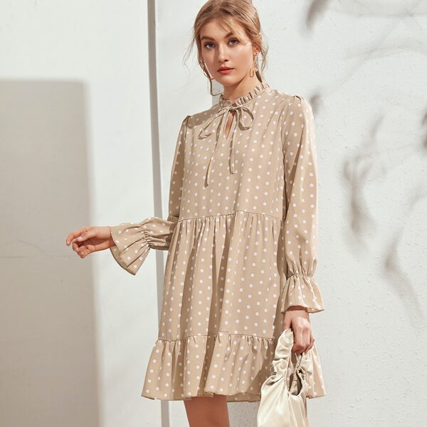 

Polka Dot Tie Neck Ruffle Hem Dress, Khaki