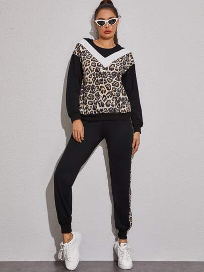 Leopard Print Sweatshirt & Sweatpants Set