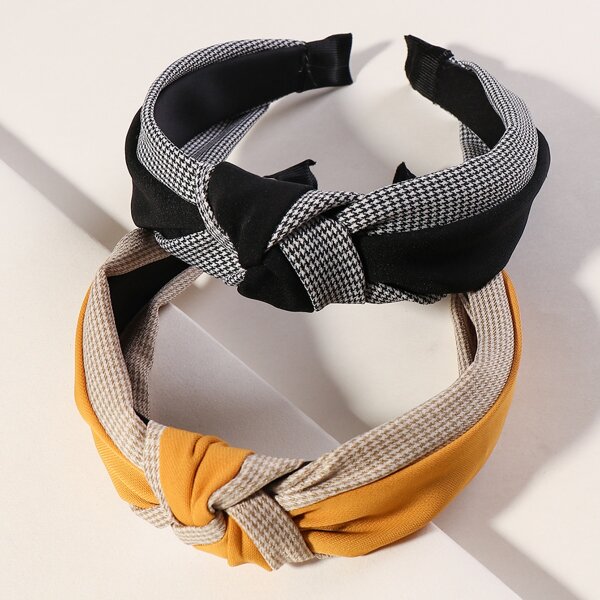 

2pcs Houndstooth Pattern Knot Hair Hoop, Multicolor