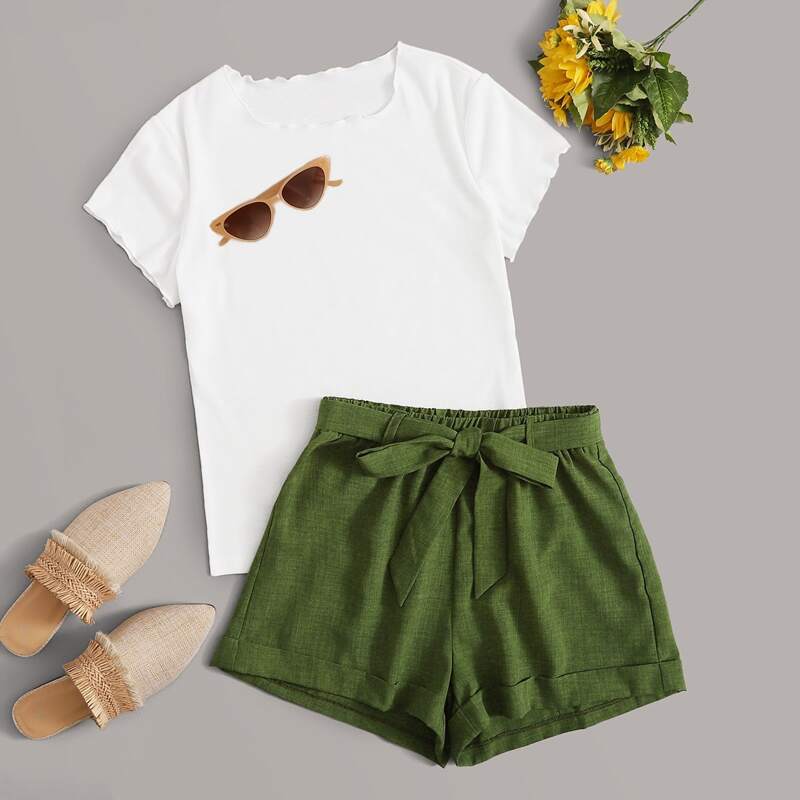 

Lettuce Trim Tee & Belted Shorts Set, Multicolor