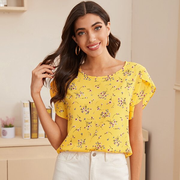 

Ditsy Floral Print Petal Sleeve Blouse, Yellow