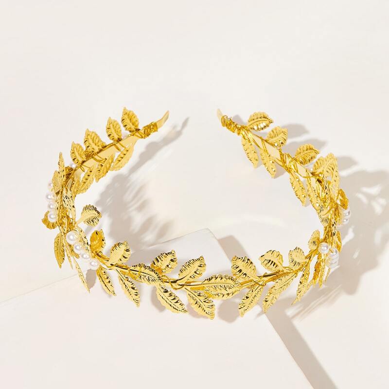 

Faux Pearl Leaf Decor Metallic Hair Hoop, Gold