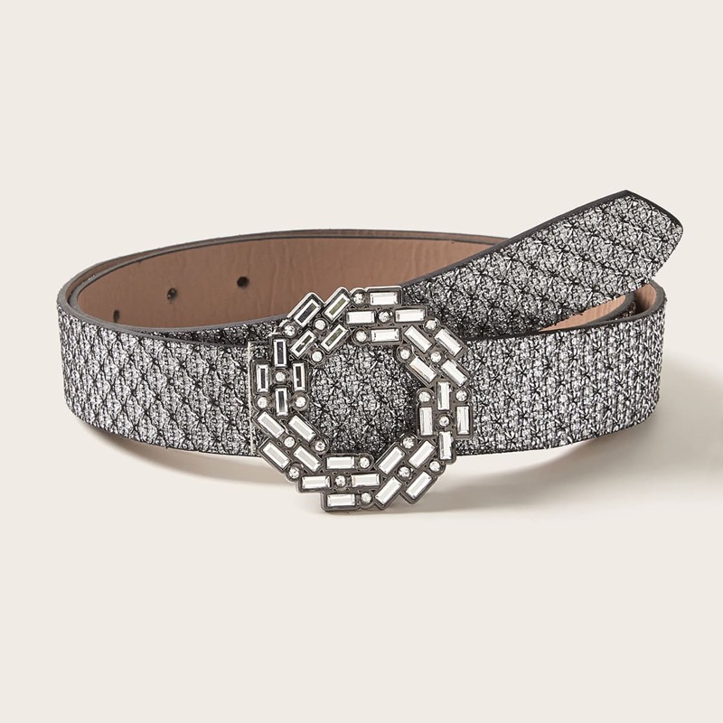 

Rhinestone Engraved Buckle Glitter Belt, Silver