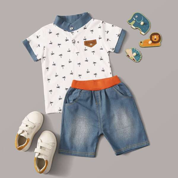 

Toddler Boys Contrast Binding Tropical Print Polo Shirt With Shorts, Multicolor