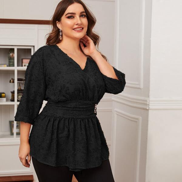 

Plus Fringe Overlay Peplum Blouse, Black