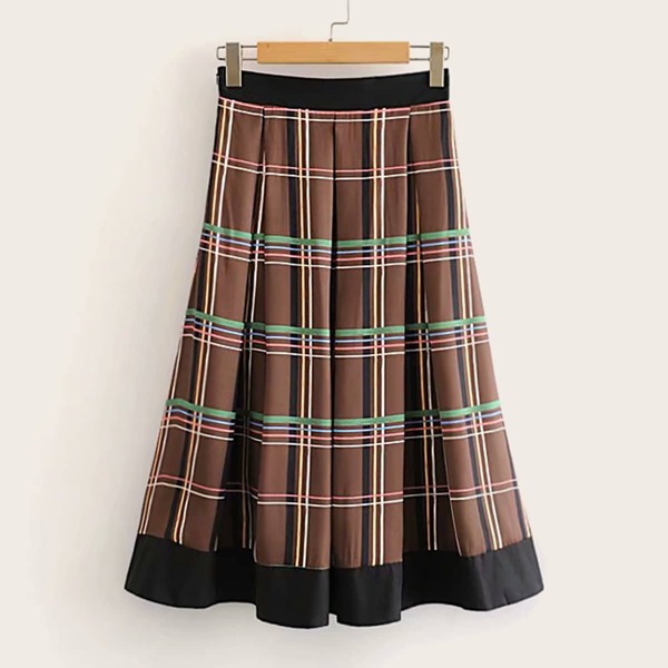 

Contrast Panel Elastic Waist Plaid Skirt, Brown