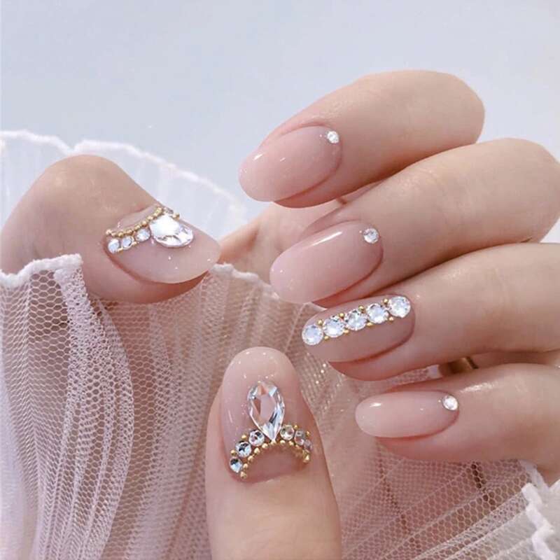 

24pcs Rhinestone Decor Fake Nails, Pink