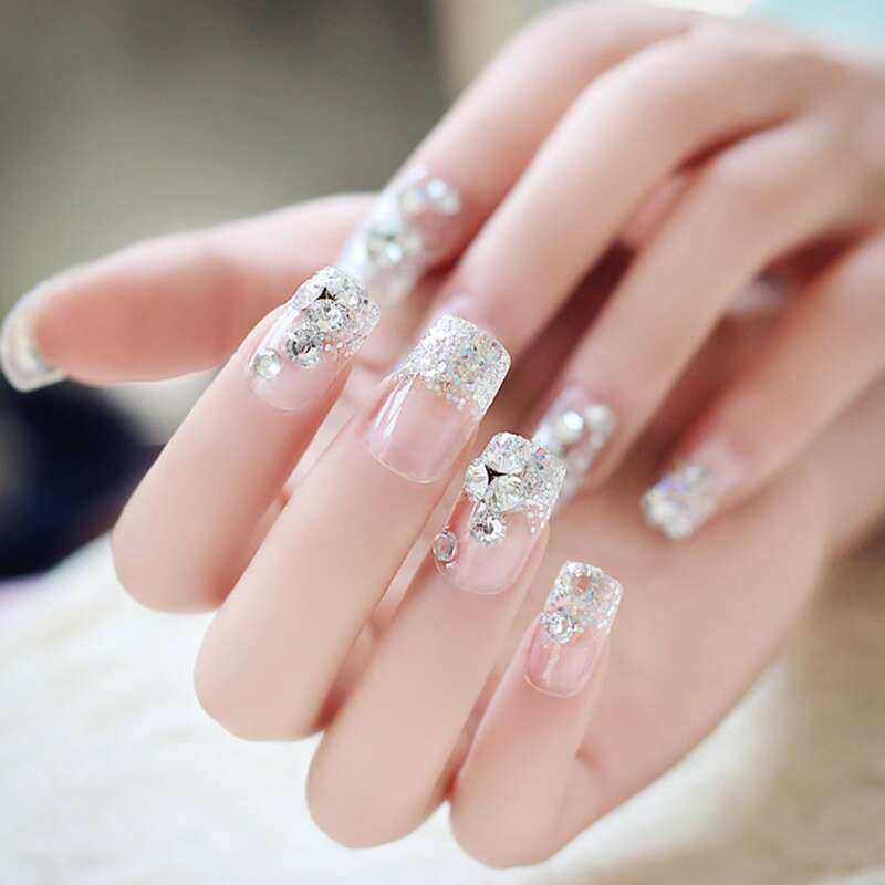 

24pcs Glitter Transparent Fake Nail, Silver