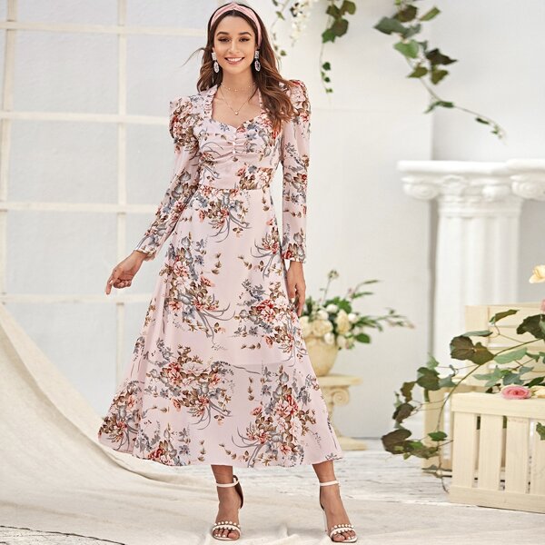 

Floral Print Puff Sleeve Dress, Pink