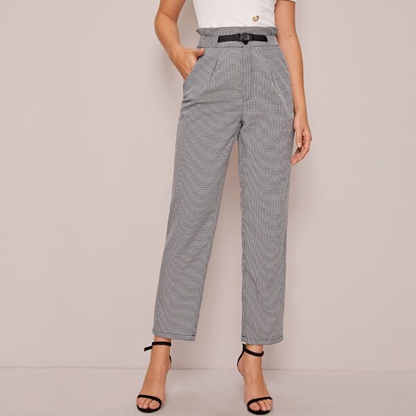 

Belted Paperbag Waist Tailored Pants, Black and white