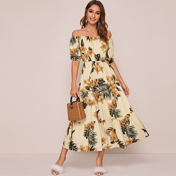 

Off Shoulder Floral Print Dress, Beige