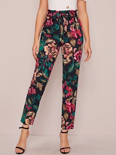 Paperbag Waist Floral Print Belted Pants