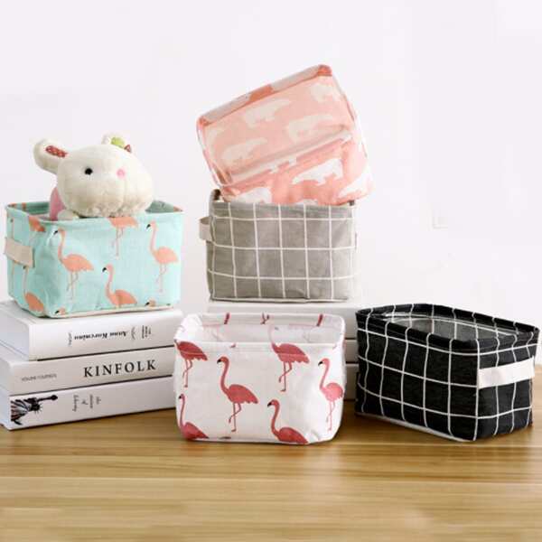 

1pc Flamingo & Grid Pattern Storage Basket, Multicolor