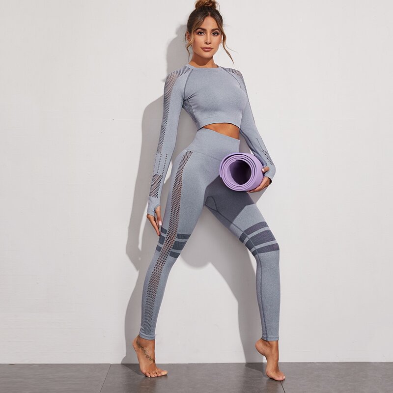 

Striped Hollow Out Sports Leggings, Grey