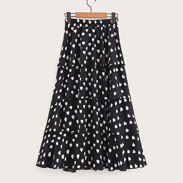 

All Over Heart Print Tiered Layer Skirt, Black