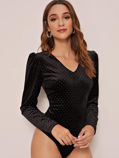 V-Neck Velvet Skinny Bodysuit