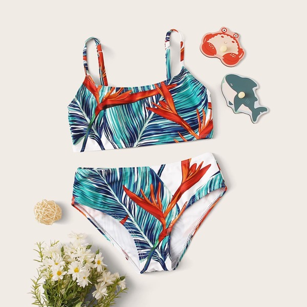 

Girls Tropical Random Print Top With High Waist Bikini Set, Multicolor