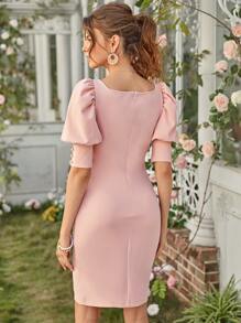 SHEIN Square Neck Puff Sleeve Button Detail Dress - Baby Pink - View 2