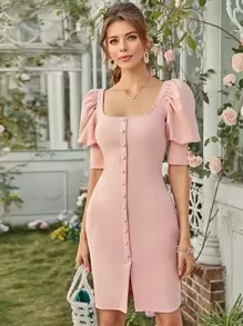 SHEIN Square Neck Puff Sleeve Button Detail Dress - Baby Pink - View 1
